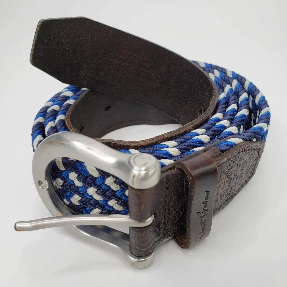 Robert Graham Men's Belt Size XL Braided With Leather Extensions Blue White